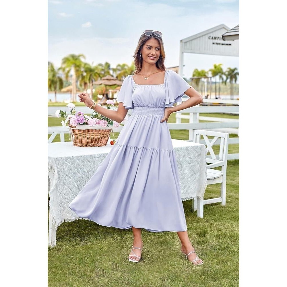 Square Neck Ruffle Sleeve Midi Dress GRACE KARIN Smocked Tiered Flowy - Picture 2 of 8